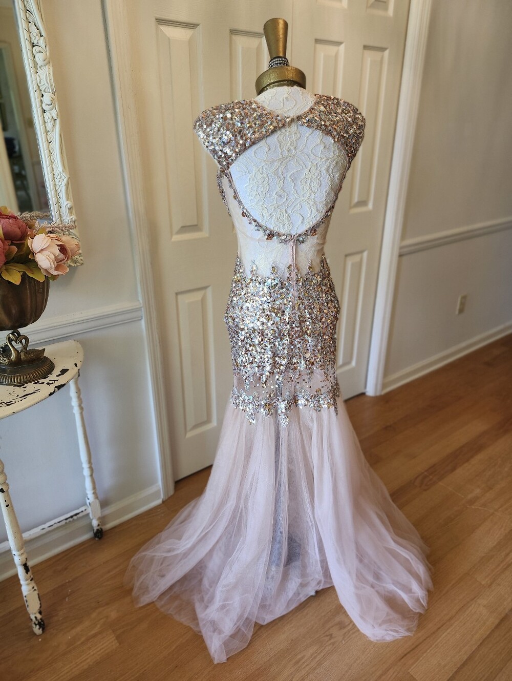 Alyce Paris Rose Gold Sequin Mermaid Open Back Pageant Prom Gown 2010s Size 4 - Picture 5 of 8